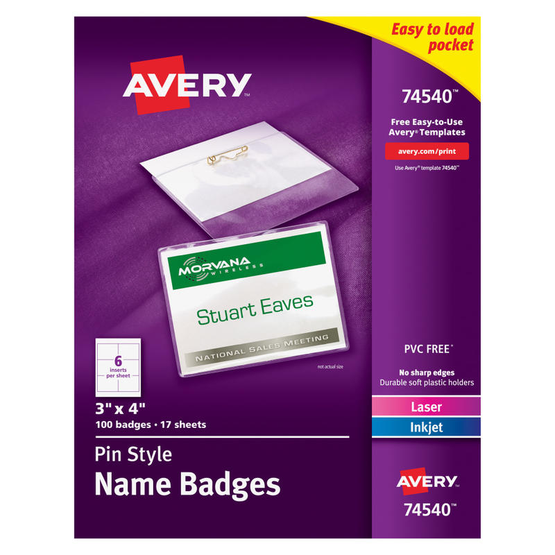 Avery Customizable Name Badges With Pins, 74540, 3in x 4in, Clear Name Tag Holders With White Printable Inserts, Pack of 100 MPN:74540
