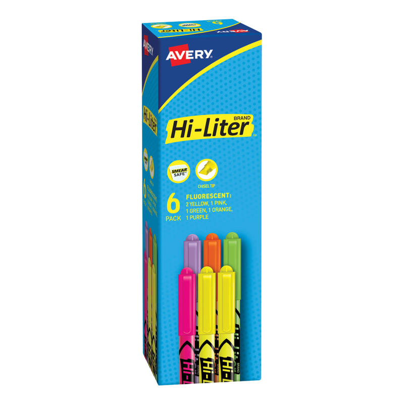 Avery Hi-Liter Pen Style Highlighters - Chisel Point Style, 6/Pack MPN:23565
