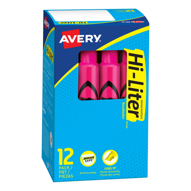 Avery Hi-Liter Highlighters, SmearSafe, Chisel Tip, Desk-Style, Fluorescent Pink, Box Of 12 MPN:24010