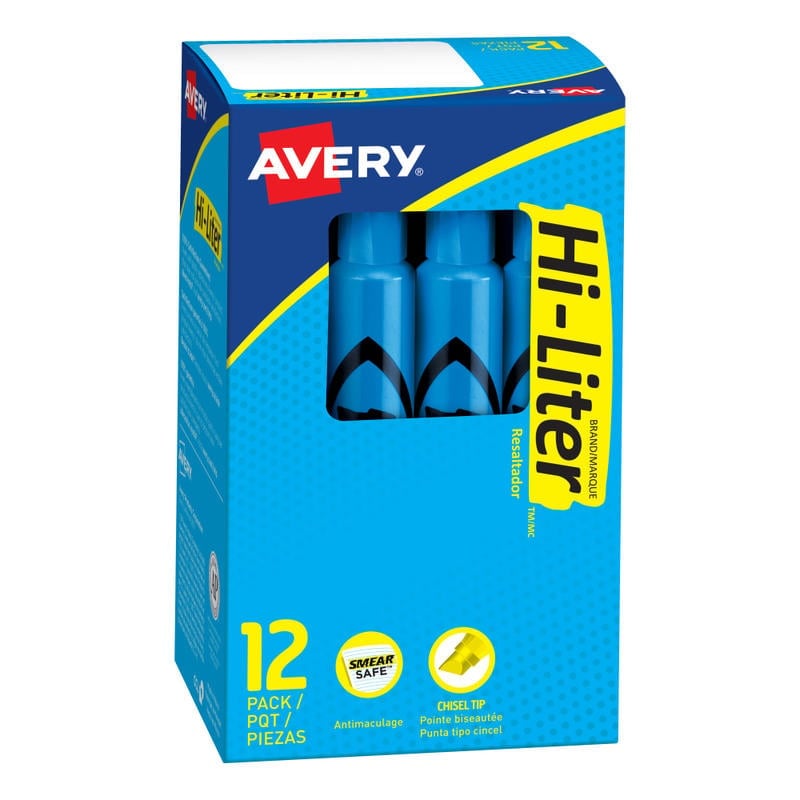 Avery Hi-Liter SmearSafe Highlighters, Chisel Tip, Desk-Style, Fluorescent Blue, Pack Of 12 Highlighters MPN:24016