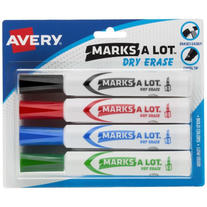 Avery Marks A Lot Dry Erase Markers, Chisel Tip, Desk-Style, Assorted Colors, Pack Of 4 Markers MPN:24409