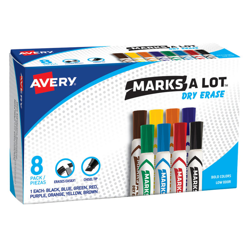 Avery Marks A Lot Dry Erase Markers, Chisel Tip, Desk-Style, Assorted, Pack Of 8 Markers MPN:24411