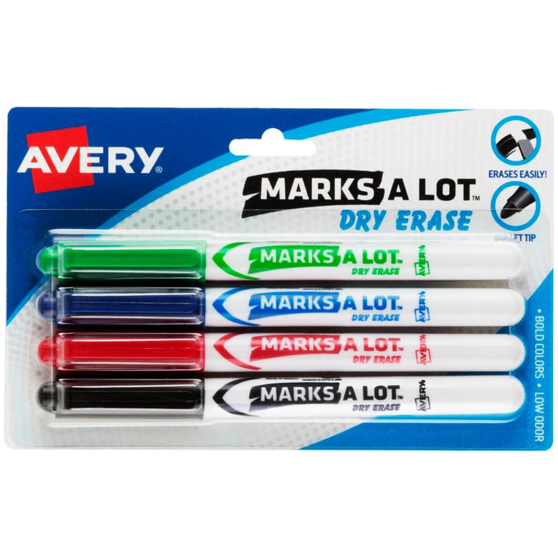 Avery Marks A Lot Dry Erase Markers, Bullet Tip, Pen-Style, Assorted Colors, Pack Of 4 Markers MPN:24459