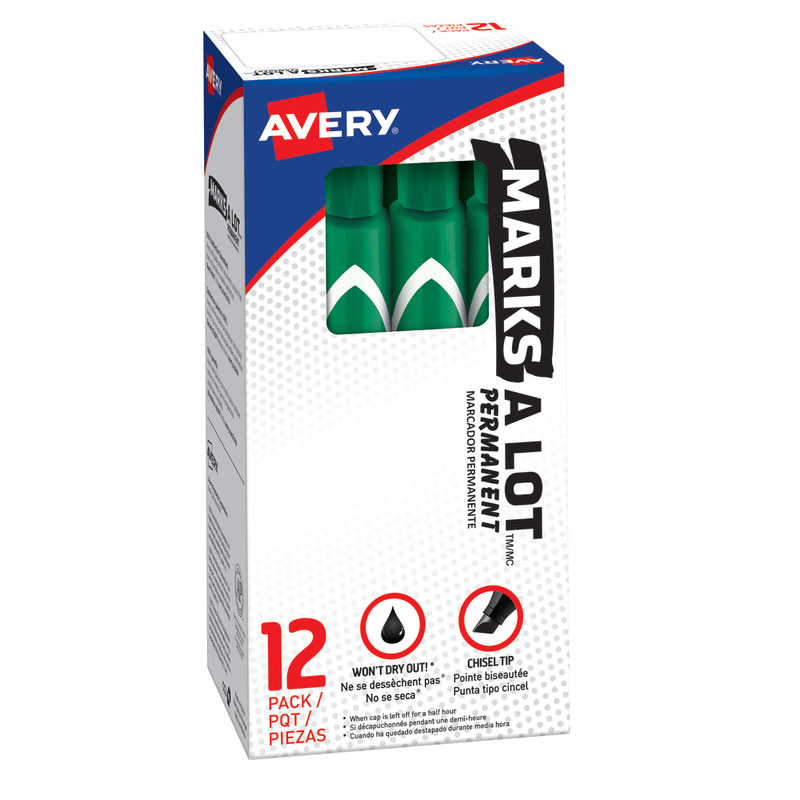 Avery Marks A Lot Permanent Markers, Chisel Tip, Large Desk-Style Size, Green, Pack Of 12 MPN:8885
