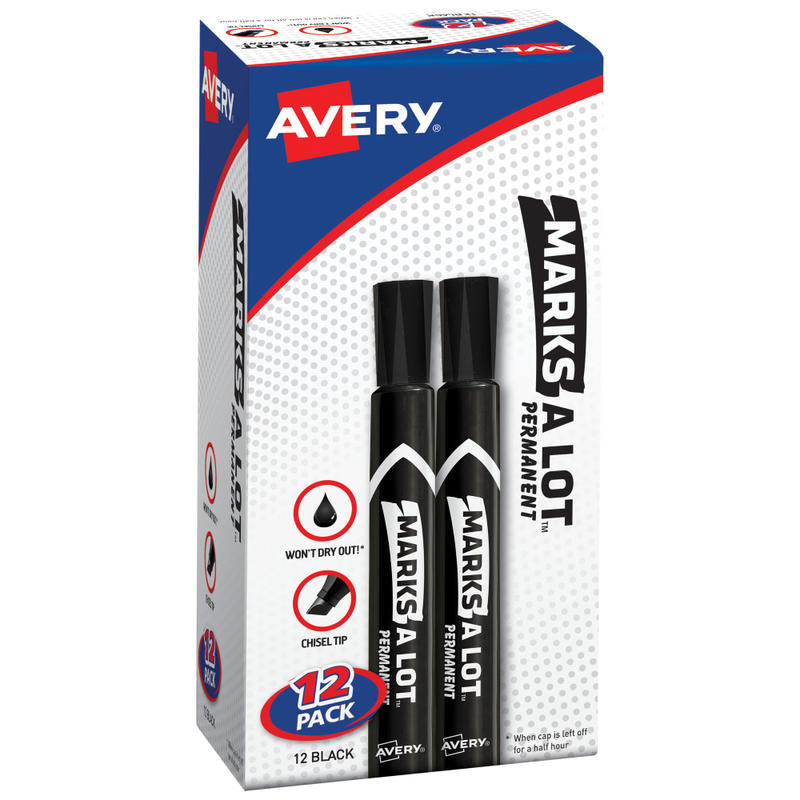 Avery Marks A Lot Permanent Markers, Chisel Tip, Large Desk-Style Size, Black, Pack Of 12 MPN:98028