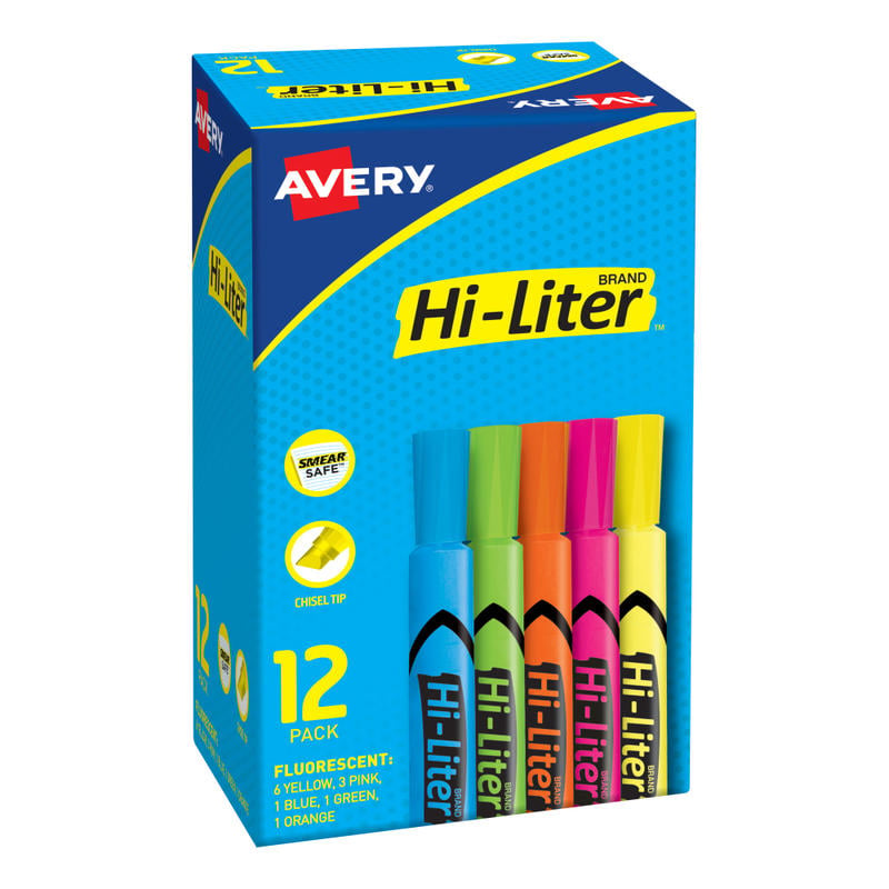 Avery Hi-Liter SmearSafe Highlighters, Chisel Tip, Desk-Style, Assorted, Pack Of 12 Highlighters MPN:98034