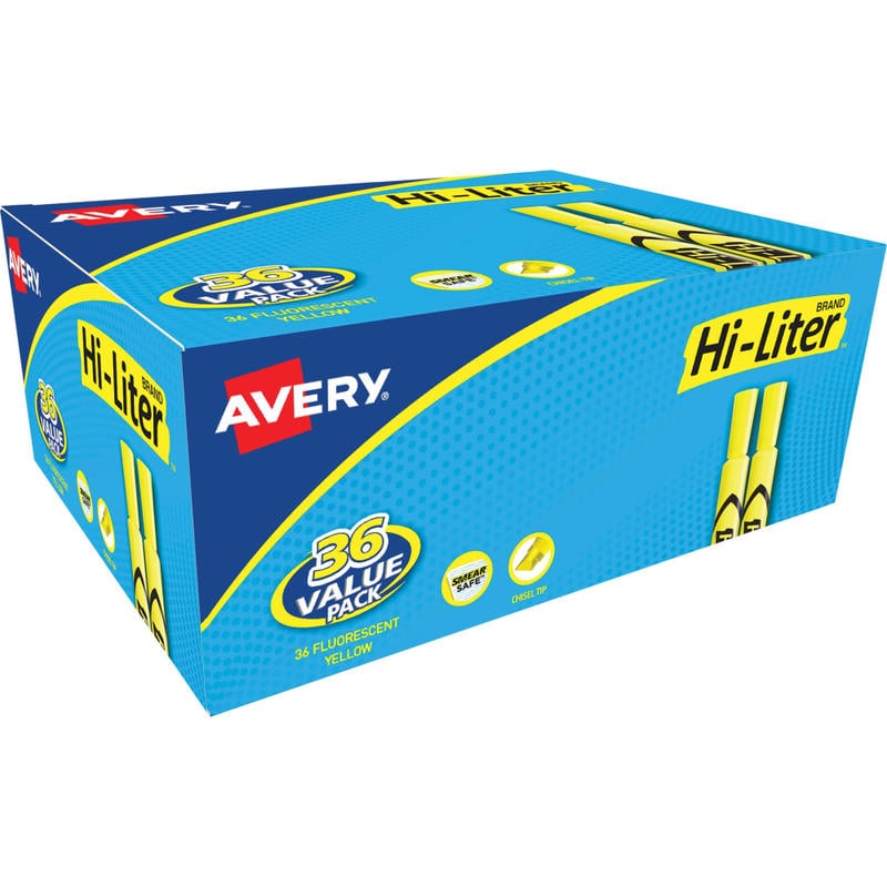 Avery Hi-Liter Desk Style Highlighters, Chisel Point, Fluorescent Yellow, Box Of 36 Highlighters MPN:98208