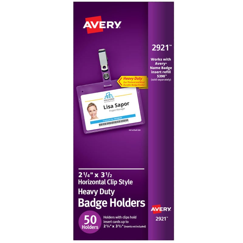 Avery Secure Top Badge Holders, For 2 1/4in x 3 1/2in Badge, Landscape With Clip, Clear, Box Of 50 MPN:2921