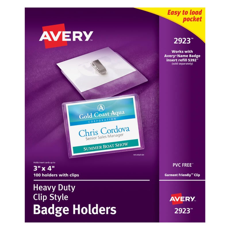 Avery Heavy Duty Horizontal ID Badge Holders With Clips, 3in x 4in, Clear, Box Of 100 MPN:2923