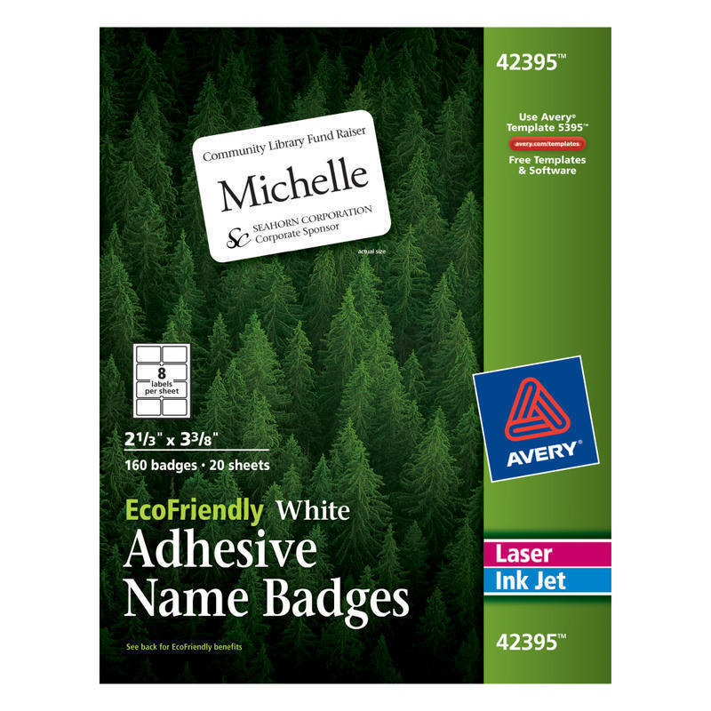 Avery EcoFriendly 100% Recycled Name Badges, 2 1/3in x 3 3/8in, White, Pack Of 160 MPN:42395
