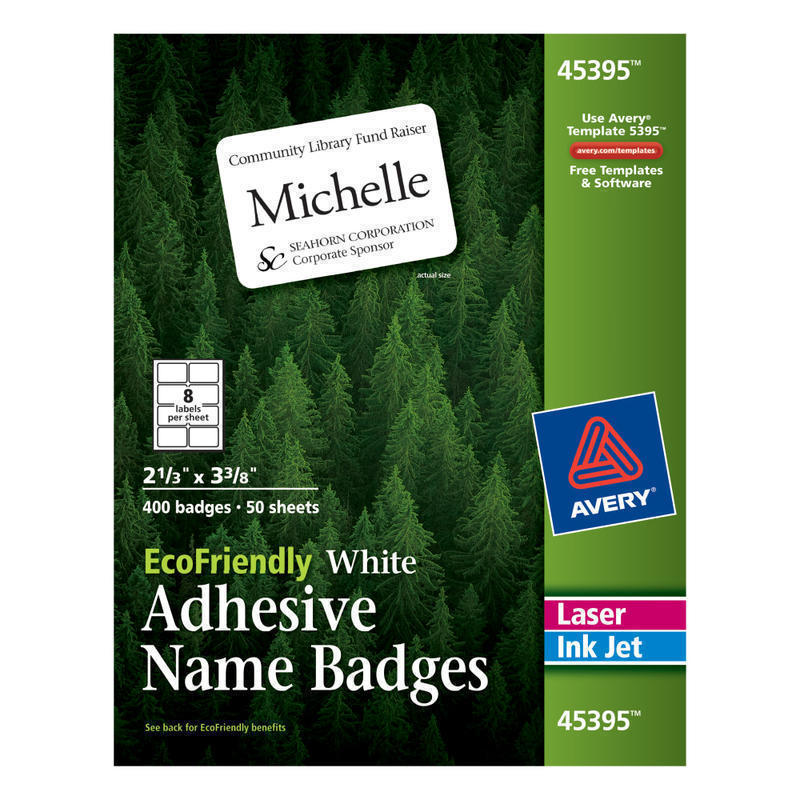 Avery EcoFriendly 100% Recycled Name Badges, 2 1/3in x 3 3/8in, White, Pack Of 400 MPN:45395