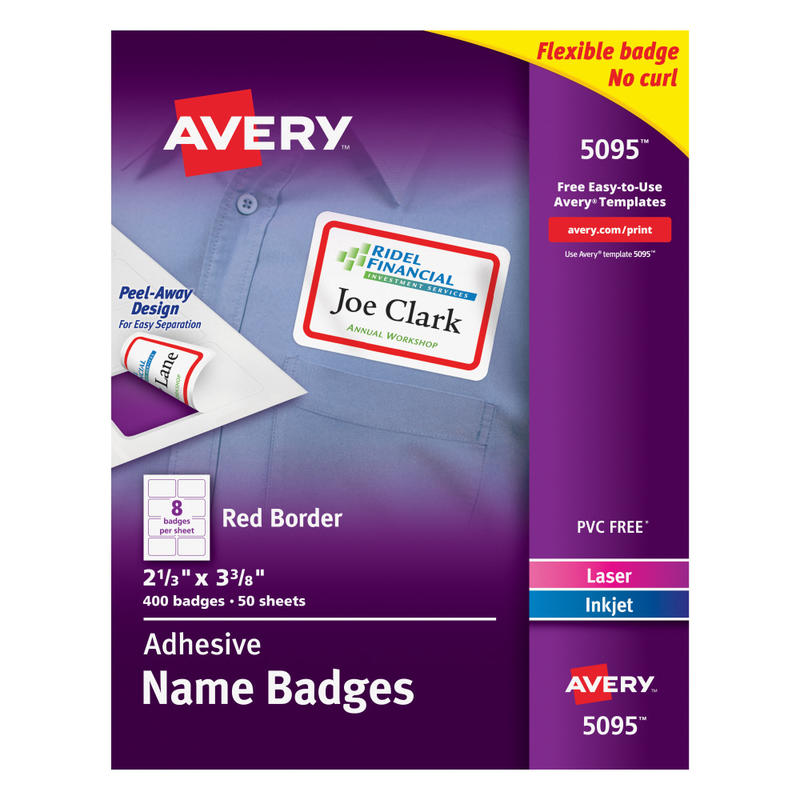 Avery Flexible Name Badge Labels, 2 1/3in x 3 3/8in, White With Red Border, Box Of 400 MPN:5095