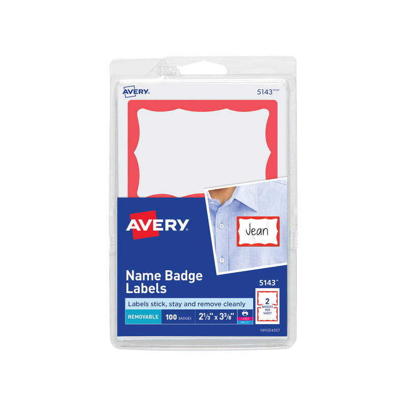 Avery Name Tags, 05143, 2-1/3in x 3-3/8in, White With Red Border, 100 Removable Name Badges MPN:5143