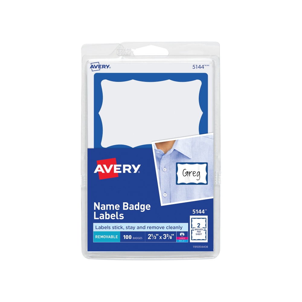 Avery Name Tags, 05144, 2-1/3in x 3-3/8in, White With Blue Border, 100 Removable Name Badges MPN:5144