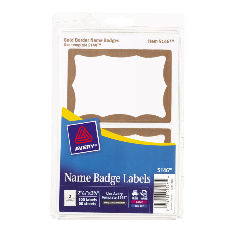 Avery Name Tags, 05146, 2-1/3in x 3-3/8in, White With Gold Border, 100 Removable Name Badges MPN:5146