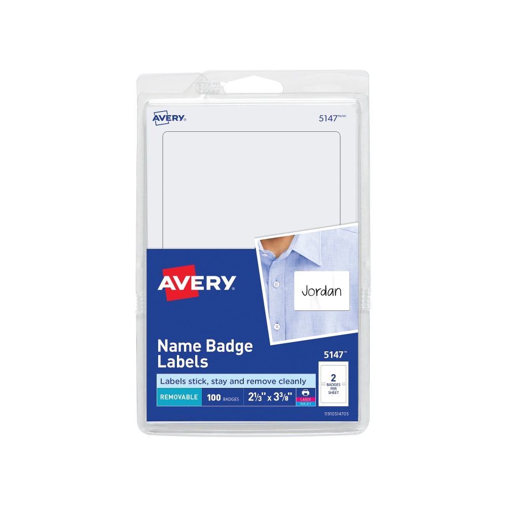 Avery Name Tags, 05147, 2-1/3in x 3-3/8in, White, 100 Removable Name Badges MPN:5147