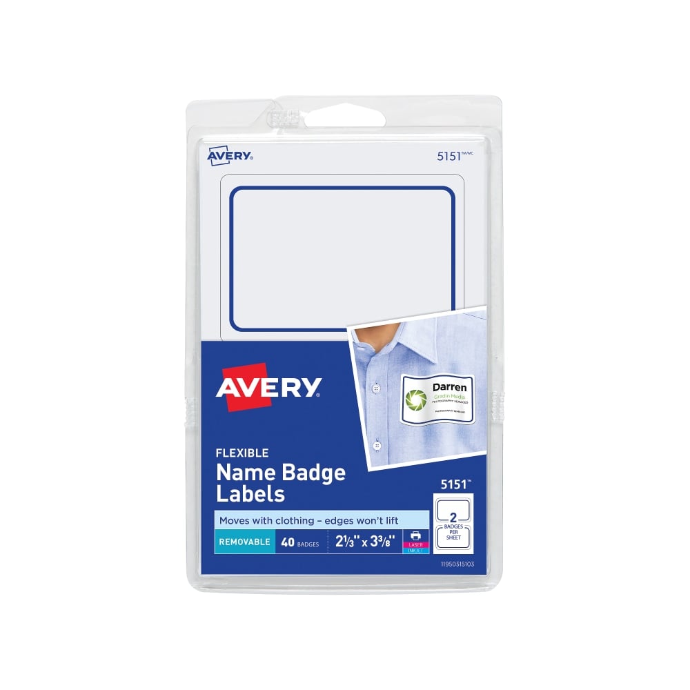 Avery Flexible Name Badge Labels, 2 1/3in x 3 3/8in, White With Blue Border, Pack Of 40 MPN:5151