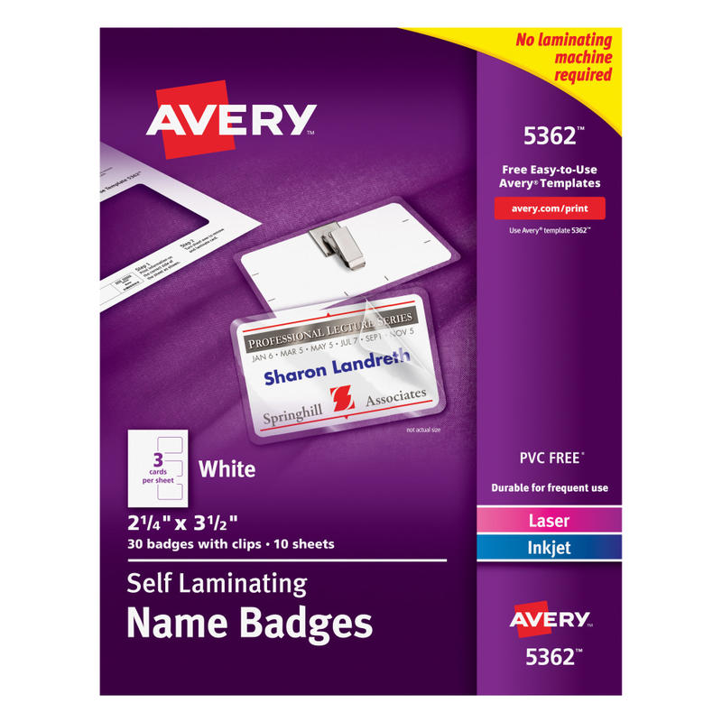 Avery Customizable Self-Laminating Name Badges, 5362, 2.25in x 3.5in, White, 30 Name Tags With Clips MPN:5362