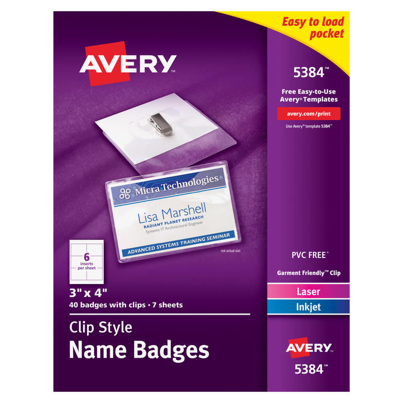 Avery Customizable Name Badges With Clips, Rectangle, 5384, 3in x 4in, Clear Name Tag Holders With White Printable Inserts, Box Of 40 MPN:5384