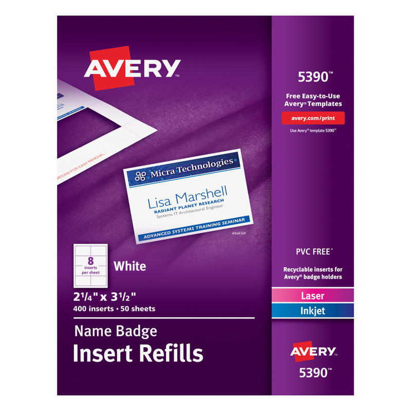 Avery Laser Name Badge Inserts, 2 1/4in x 3 1/2in, 5390, Box Of 400 MPN:5390