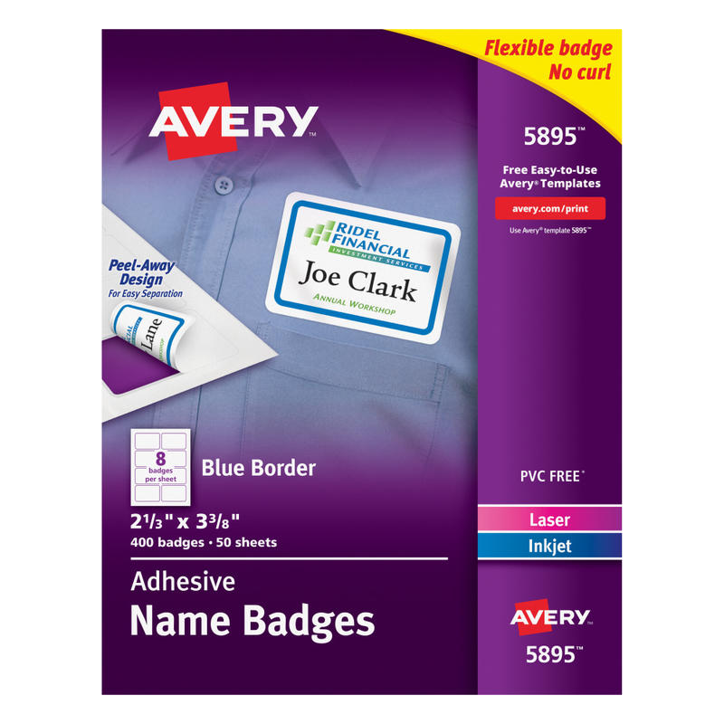 Avery Flexible Name Badge Labels, 5895, 2 1/3in x 3 3/8in, White With Blue Border, Box Of 400 MPN:5895