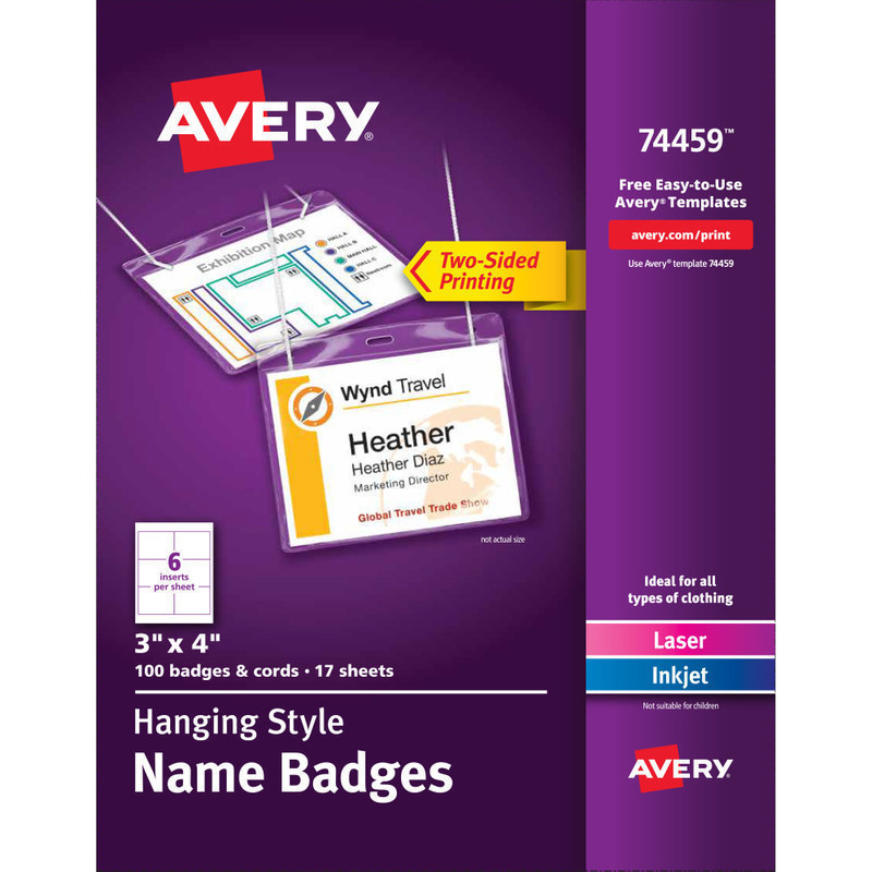 Avery Customizable Hanging Name Badges, Rectangle, 74459, 3in x 4in, Clear Holders With White Inserts, Box Of 100 MPN:74459