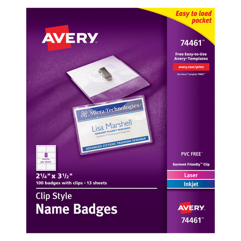 Avery Customizable Name Badges With Clips, Rectangle, 74461, 2-1/4in x 3-1/2in, Clear Holders With White Inserts, 100 Badges MPN:74461