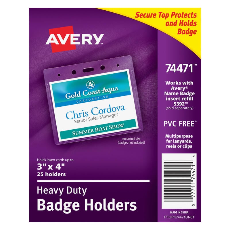 Avery Secure Top Badge Holders, Horizontal Prepunched, 3in x 4in Badge, Clear, Box Of 25 MPN:74471