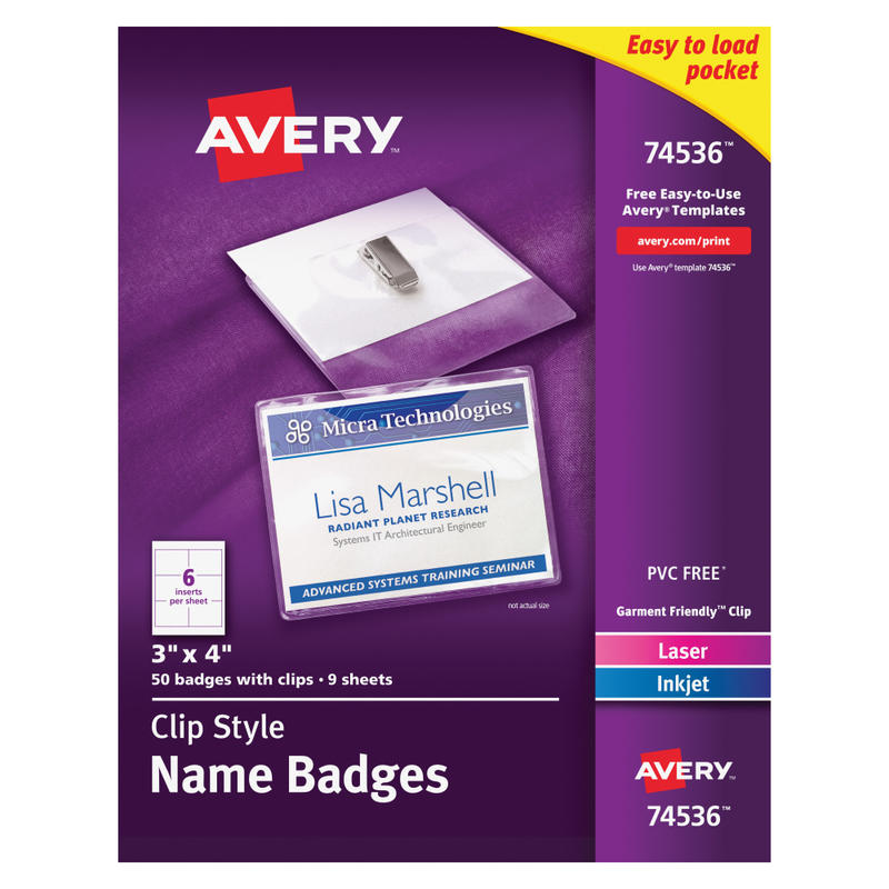Avery Customizable Name Badges With Clips, Rectangle, 74536, 3in x 4in, Clear Holders With White Inserts, Box Of 50 MPN:74536