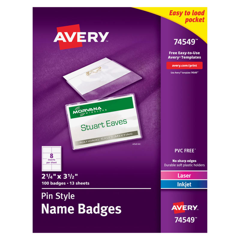 Avery Customizable Name Badges With Pins, 74549, 2-1/4in x 3-1/2in, Clear Name Tag Holders With White Printable Inserts, Pack of 100 MPN:74549