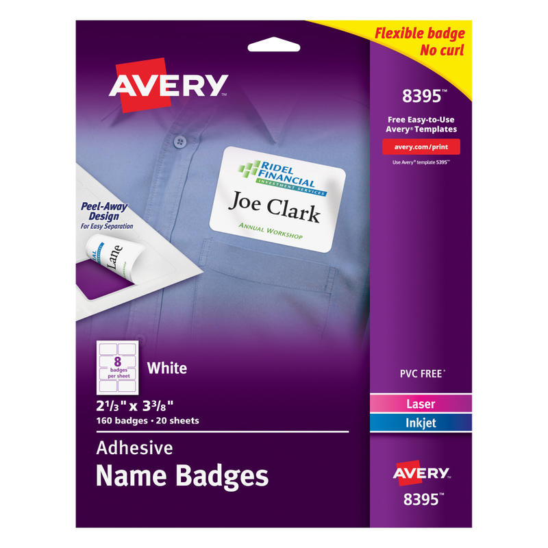 Avery Flexible Name Badge Labels, 2 1/3in x 3 3/8in, White, Box Of 160 MPN:8395