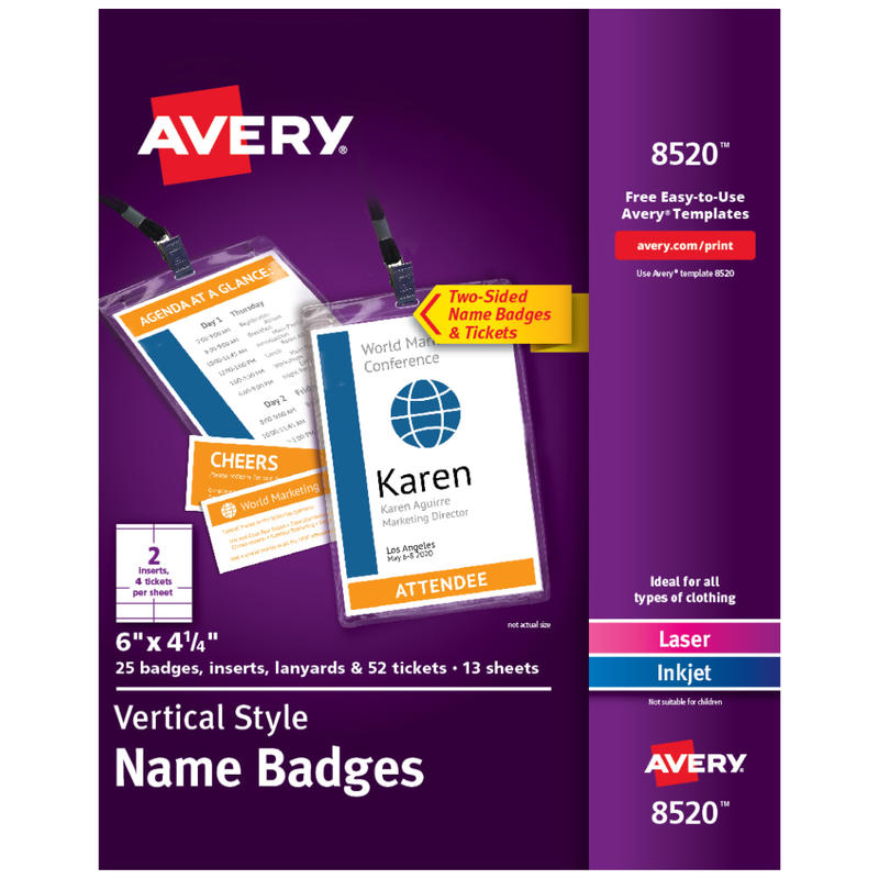 Avery Vertical Name Badge Kit, 6in x 4 1/4in, 8520, White, Pack Of 25 Badges MPN:8520