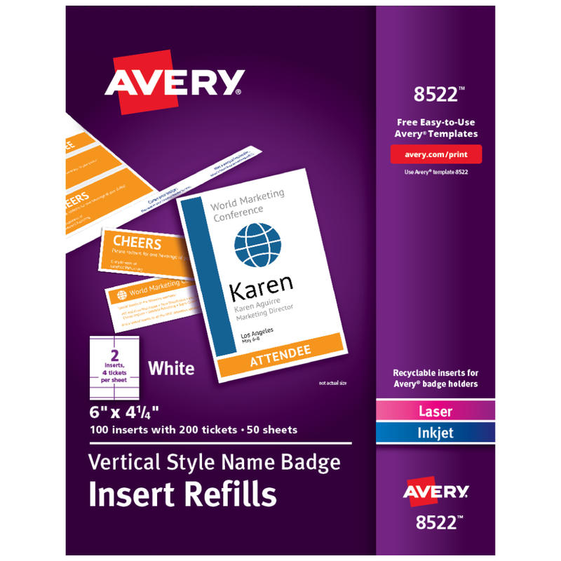 Avery Vertical Name Badge Inserts, 6in x 4 1/4in, White, Box Of 100 Inserts MPN:8522