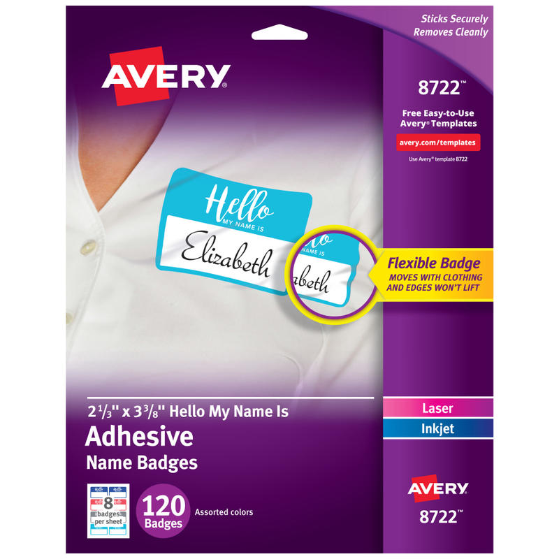 Avery Adhesive Name Badges, Hello My Name Is, 2 1/3in x 3 3/8in, 8722, Assorted Colors, Pack Of 120 Badges MPN:8722