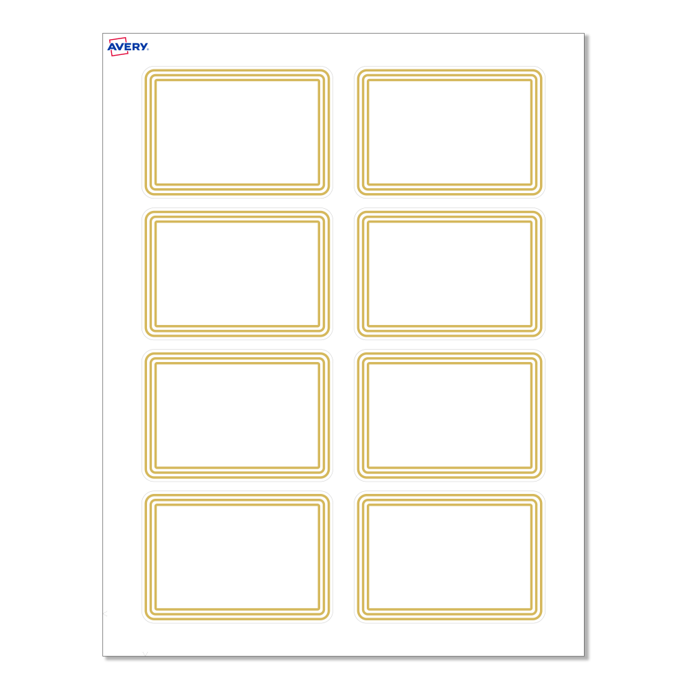 Avery Printable Adhesive Name Badges/Preprinted Designs, Rectangle, S00-EXZ, 2-1/3in x 3-3/8in, Matte White/Multi-Lined Gold Border, Pack Of 80 MPN:S00-D17-PRFNB10