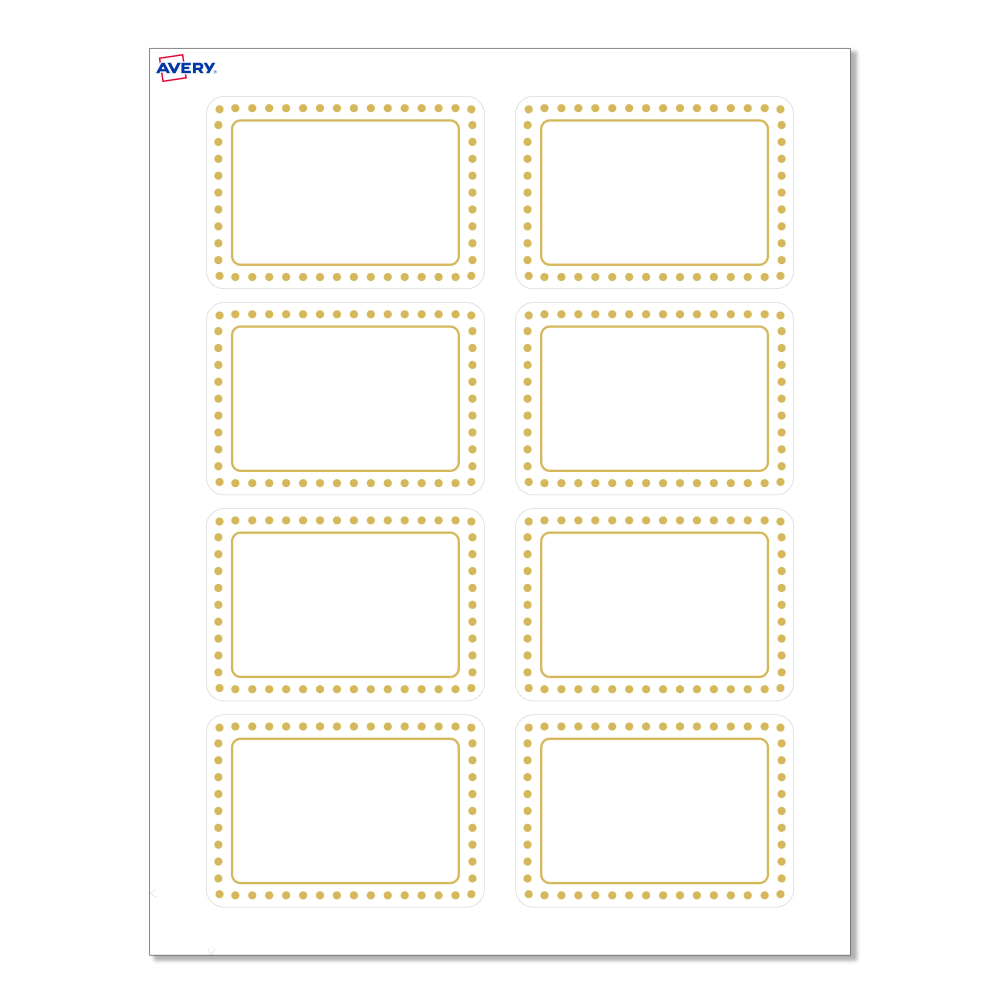 Avery Printable Adhesive Name Badges/Preprinted Designs, Rectangle, S00-EY0, 2-1/3in x 3-3/8in, Matte White/Gold Border/Gold Dots, Pack Of 80 MPN:S00-D1C-PRFNB10