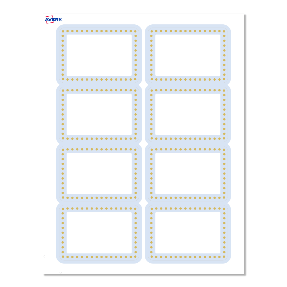 Avery Printable Adhesive Name Badges/Preprinted Designs, Rectangle, S00-EY7, 2-1/3in x 3-3/8in, Matte White/Blue Border/Gold Dots, Pack Of 80 MPN:S00-D2F-PRFNB10
