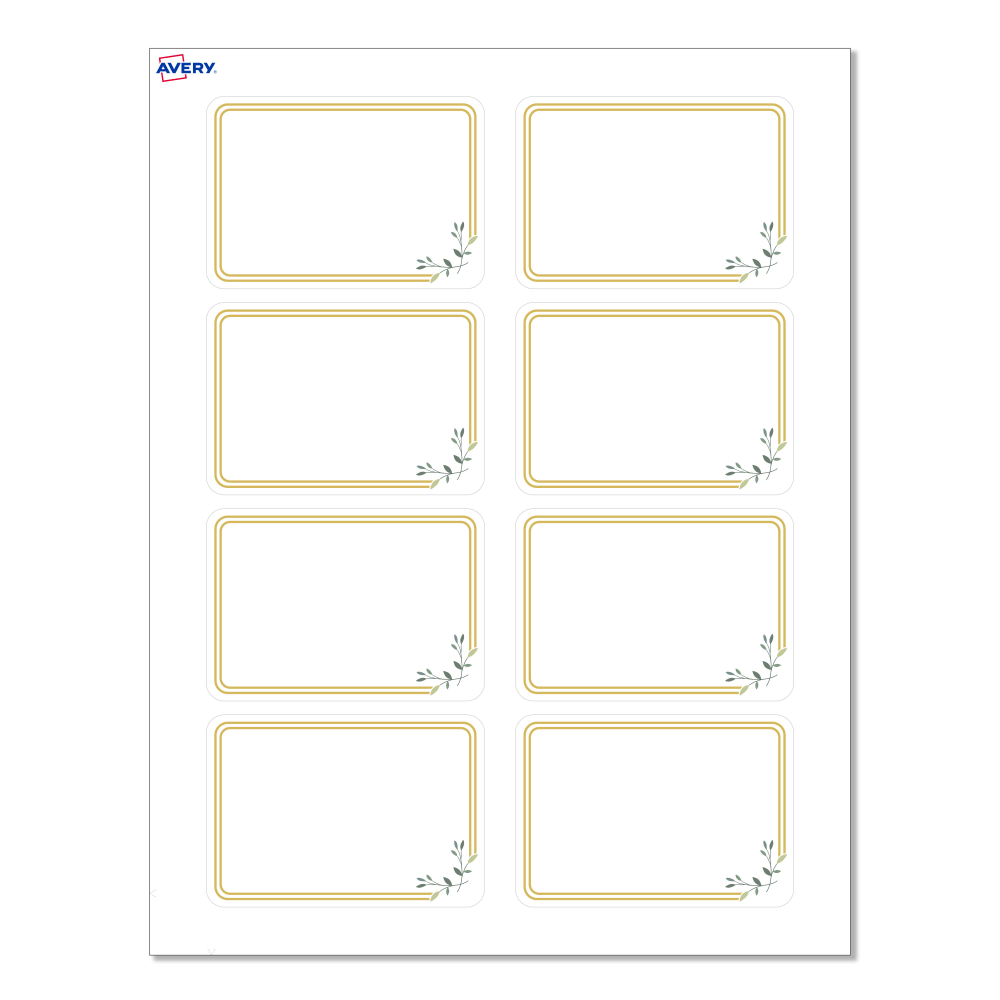 Avery Printable Adhesive Name Badges/Preprinted Designs, Rectangle, S00-EY8, 2-1/3in x 3-3/8in, Matte White/Double Gold Border/Florals, Pack Of 80 MPN:S00-D2M-PRFNB10