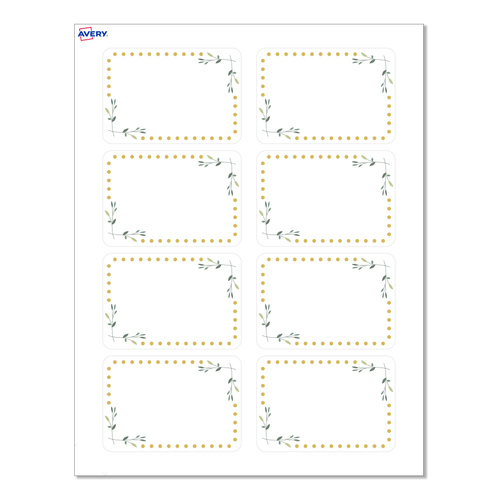 Avery Printable Adhesive Name Badges/Preprinted Designs, Rectangle, S00-EY9, 2-1/3in x 3-3/8in, Matte White/Green Florals/Gold Dots, Pack Of 80 MPN:S00-D2S-PRFNB10