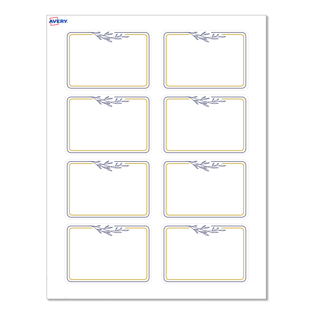 Avery Printable Adhesive Name Badges/Preprinted Designs, Rectangle, S00-EXY, 2-1/3in x 3-3/8in, Matte White/Gold & Navy Border/Florals, Pack Of 80 MPN:S00-D2Y-PRFNB10
