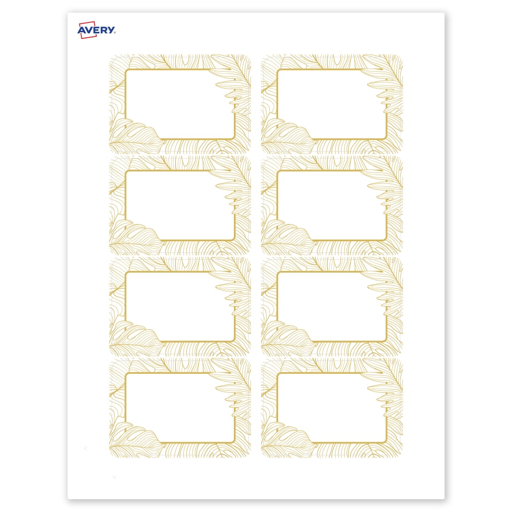 Avery Printable Adhesive Name Badges/Preprinted Designs, Rectangle, S00-EW8, 2-1/3in x 3-3/8in, Matte White/Gold Monstera Leaves, Pack Of 80 MPN:S00-EW8-PRFNB10