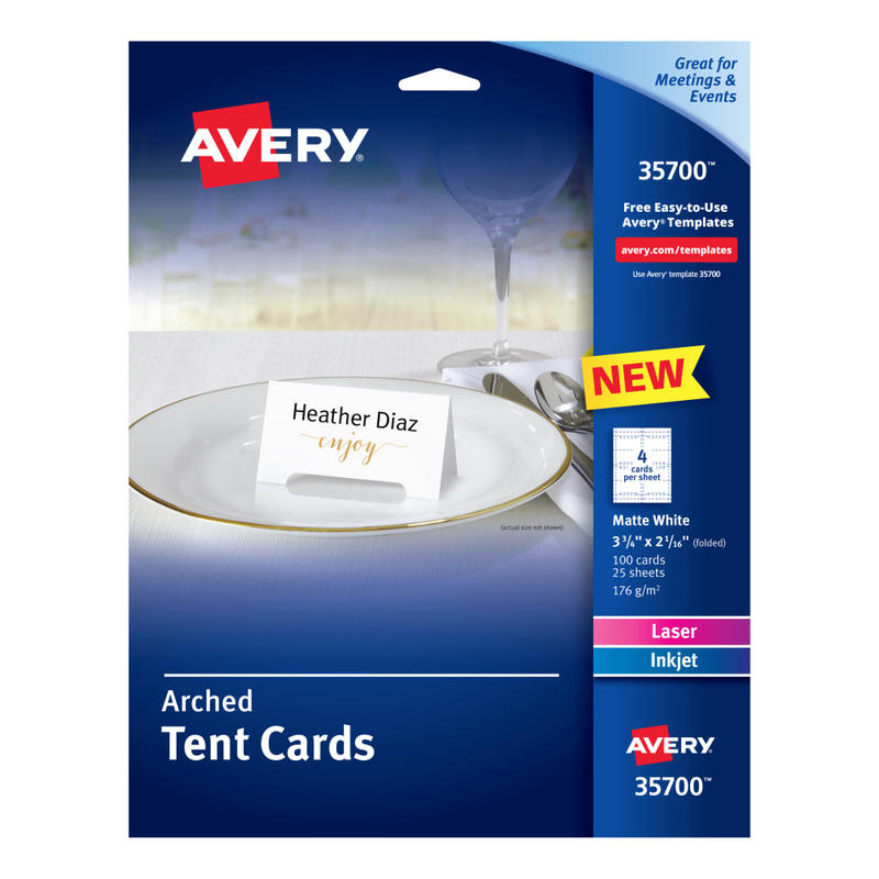 Avery Printable Arched Tent Cards With Sure Feed Technology, 65 lb, 2-1/16in x 3-3/4in, White, 100 Blank Place Cards MPN:35700