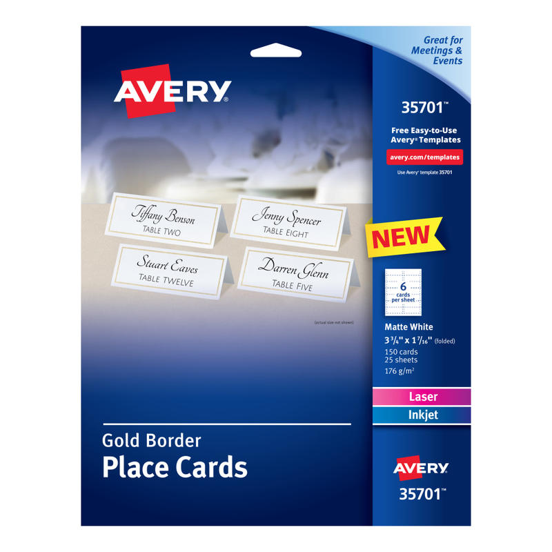 Avery Printable Place Cards With Sure Feed Technology, 1-7/16in x 3-3/4in, White With Gold Border, 150 Blank Place Cards MPN:35701