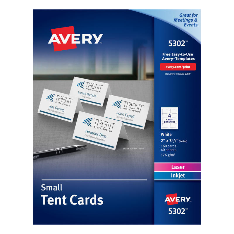 Avery Printable Small Tent Cards With Sure Feed Technology, 2in x 3.5in, White, 160 Blank Place Cards (Min Order Qty 3) MPN:5302