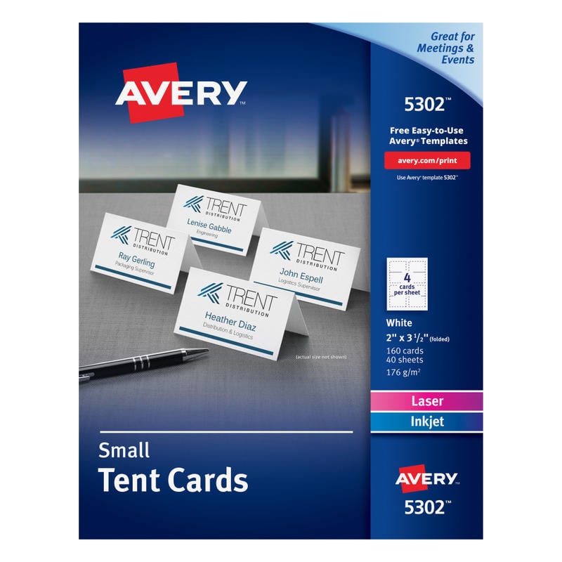 Avery Printable Small Tent Cards With Sure Feed Technology, 2in x 3.5in, White, 160 Blank Place Cards MPN:5302
