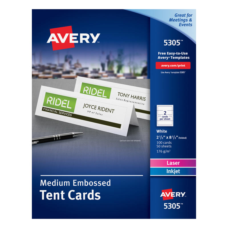 Avery Printable Tent Cards With Sure Feed Technology, 2.5in x 8.5in, White With Embossed Border, 100 Blank Place Cards MPN:5305
