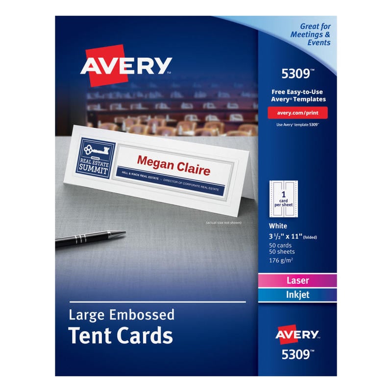 Avery Printable Large Tent Cards, 3.5in x 11in, White With Embossed Border, 50 Blank Place Cards MPN:5309