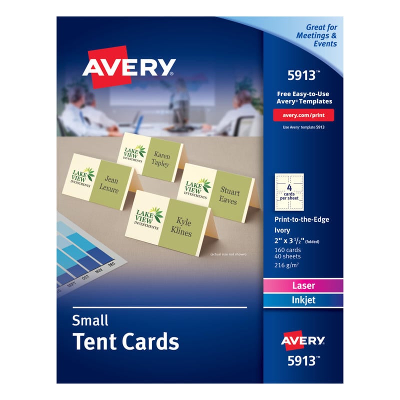 Avery Printable Small Tent Cards With Sure Feed Technology, For Laser Or Inkjet Printers, 2in x 3.5in, Ivory, 160 Blank Place Cards MPN:5913