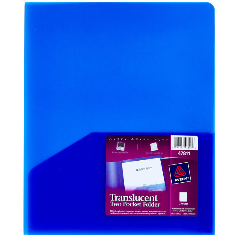 Avery Translucent Two Pocket Water Resistant Folder, 8-1/2in x 11in, Blue, 1 Folder MPN:47811EA
