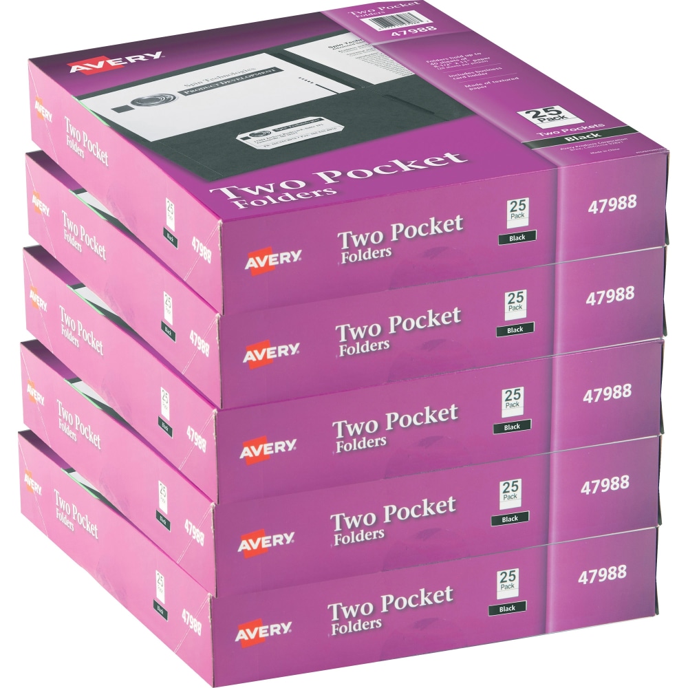 Avery Letter Pocket Folder - 8 1/2in x 11in - 40 Sheets Capacity - 2 Internal Pocket - Embossed Paper - Black - Embossed - 25/Box - 5 / Carton MPN:47988CT